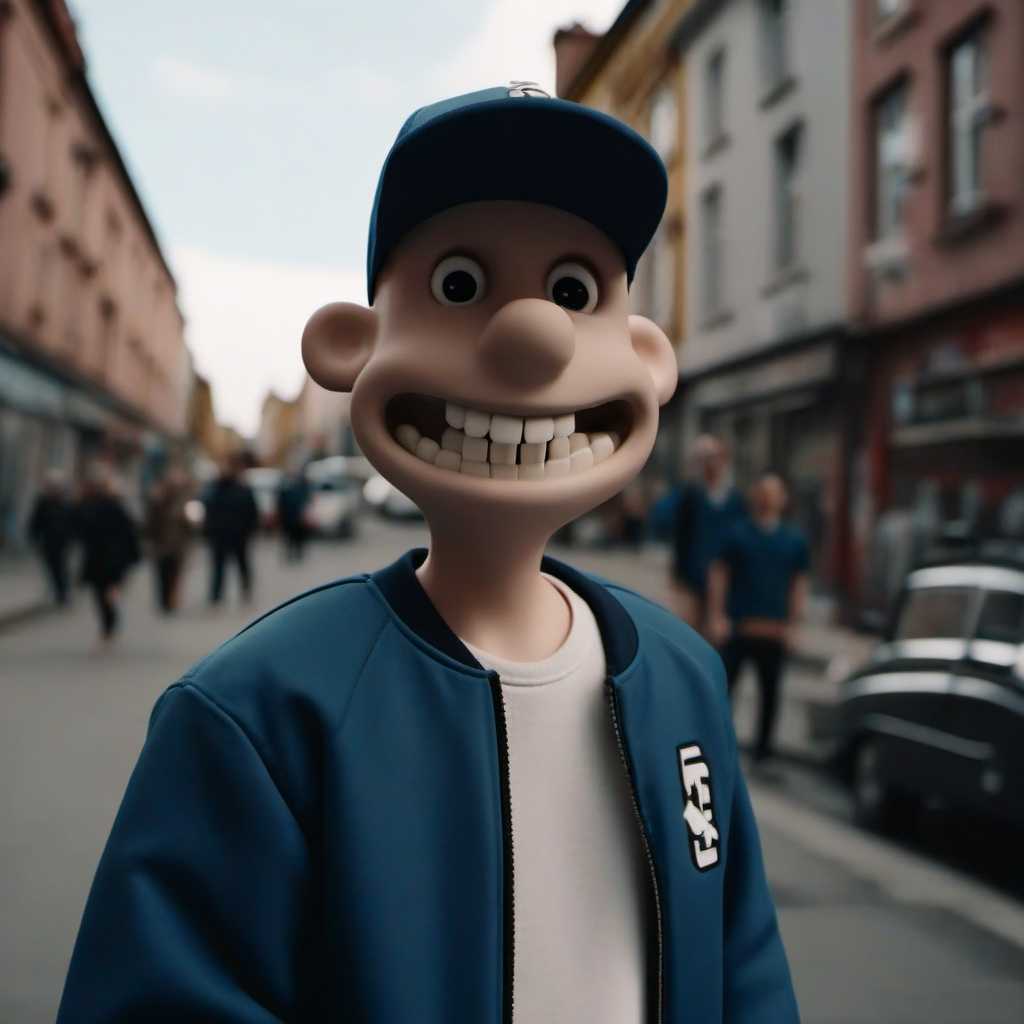 cinematic photo cinematic photo 1boy, bald, baseball cap, tracksuit, solo,  teeth, in the street, streetart <lora:WallaceGromit1024:0.8> . 35mm photograph, film, bokeh, professional, 4k, highly detailed . 35mm photograph, film, bokeh, professional, 4k, highly detailed