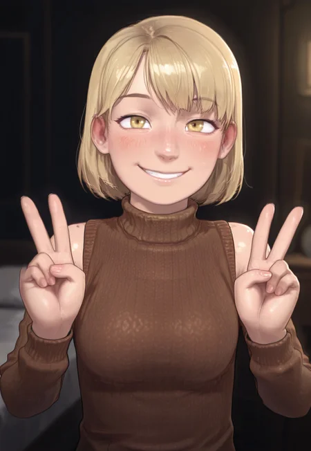 safe_pos, official art, masterpiece, best quality, absurdres, amazing quality, 4s0r4, smooth style, andilf ,HD, 4K, possmach, 1girl, solo, flat chests, young, younger, petite, ashleygraham, blonde hair, bob cut, bangs, golden eyes, brown turtleneck sweater, close-up, simple background, blurry background, dark, double V, smile, blush, aroused, upper_body, cowboy_shot,