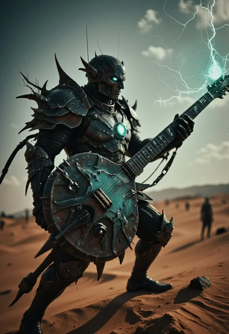 aiai-C0l0ssus Evil Extreme helmet Closeup of a Action Scene shot of a dark, menacing towering mechanical hkstyle knight in the heat of an intense, action-packed battle, captured with the gritty realism of an old analog camera. The FredFraiStyle knight's intricately designed, battle-worn helmet reflects the eerie glow of his weapon—a massive, twisted guitar. The blade crackles with dark energy, gathering ominously at its tip, where a glowing orb of dark blue and translucent turquoise light pulses with immense, destructive power. The energy radiates along the length of the blade, casting a sinister glow that illuminates the knight’s helmet and armor, creating stark contrasts between light and deep shadows.
In his other hand, the knight wields a terrifying shield, adorned with jagged, twisted patterns and a ghastly visage that seems to stare into the souls of his enemies. The shield emanates a sense of foreboding, as if cursed by dark magic, adding to the overall terror of his presence. The glow from the sword throws the intricate details of the shield into sharp relief, casting long shadows that flicker across the Lone Desert scenery battlefield amidst dunes