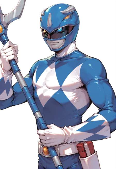 (score_9:0.9),score_8_up,score_7_up,rating_safe,anime style,(zPDXL),<lora:Blue Power Ranger ponyXL v2.1:0.7>, solo, 1boy, weapon, holding polearm, white background, white gloves, polearm, simple background, blue motorcycle helmet, blue bodysuit, blue power ranger, visor