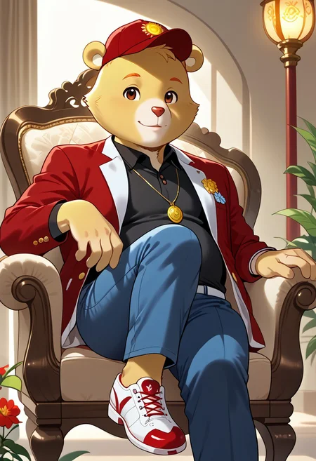male, Funshine Bear, furry, yellow fur, sun belly badge, red baseball cap, brown eyes, sitting on a decorative chair, one leg crossed, resting hands on chair back, (elegant:1.3), floral accessories, cheerful expression, bright lighting, indoor setting, stylish, red jacket, black shirt behind, blue pants, red deportive shoes, flower on hand, looking at viewer, romantic