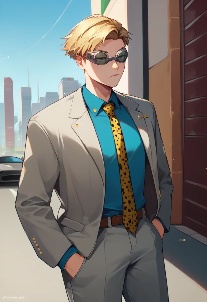 score_9, score_8_up, score_7_up, solo, male focus, 1boy, NanamiBase, expressionless, hands in pockets, blonde hair, short hair, goggles, grey jacket, yellow necktie, leopard print, blue shirt, collared shirt, grey pants, day, outdoors, city street, lamborghini <lora:style_qt0ri_ponyXL-DoRA:1.1> <lora:ChamKentoNanamiPonyXL:0.9>