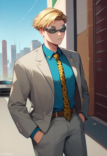 score_9, score_8_up, score_7_up, solo, male focus, 1boy, NanamiBase, expressionless, hands in pockets, blonde hair, short hair, goggles, grey jacket, yellow necktie, leopard print, blue shirt, collared shirt, grey pants, day, outdoors, city street, lamborghini <lora:style_qt0ri_ponyXL-DoRA:1.1> <lora:ChamKentoNanamiPonyXL:0.9>