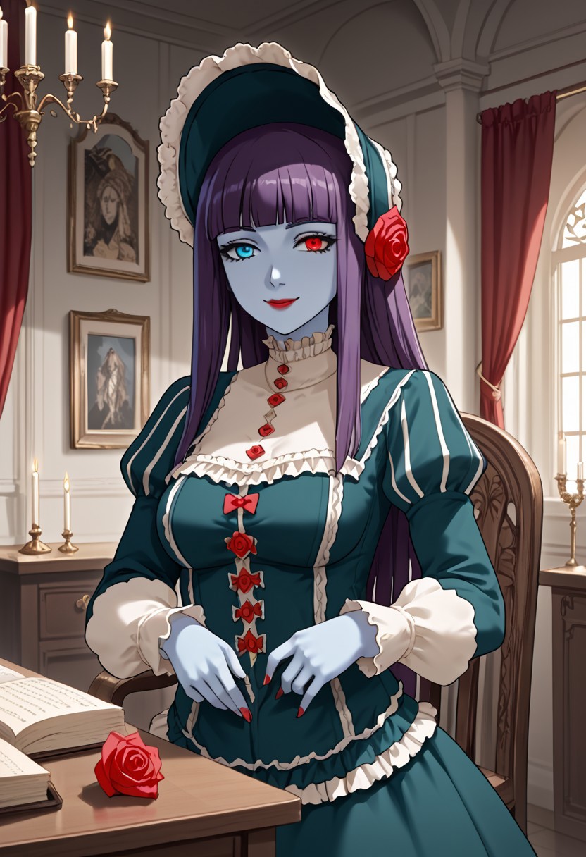 score_9,score_8_up,score_7_up,source_anime,5_figner,2d_animation,game cg,BREAK,1girl,solo,Loretta Lecarde,purple hair,blunt bangs,hime cut,blue eyes,long hair,red lips.lolitafashion,bonnet,pantyhose,red rose,dress,mini skirt,
medium breasts,smile,front view,upper body,looking at viewer,
blue skin,heterochromia,vampire,
red curtain.gothic room,medieval interior,
indoor,window,chandelier,candle,white wall, 
desk,chair,blackboard,window, 
masterpiece,best qualit,ultra-detailed,illustration,an extremely delicate and beautiful,beautiful detailed eyes,unity 8k wallpaper,high resolution,anime CG,official_art,