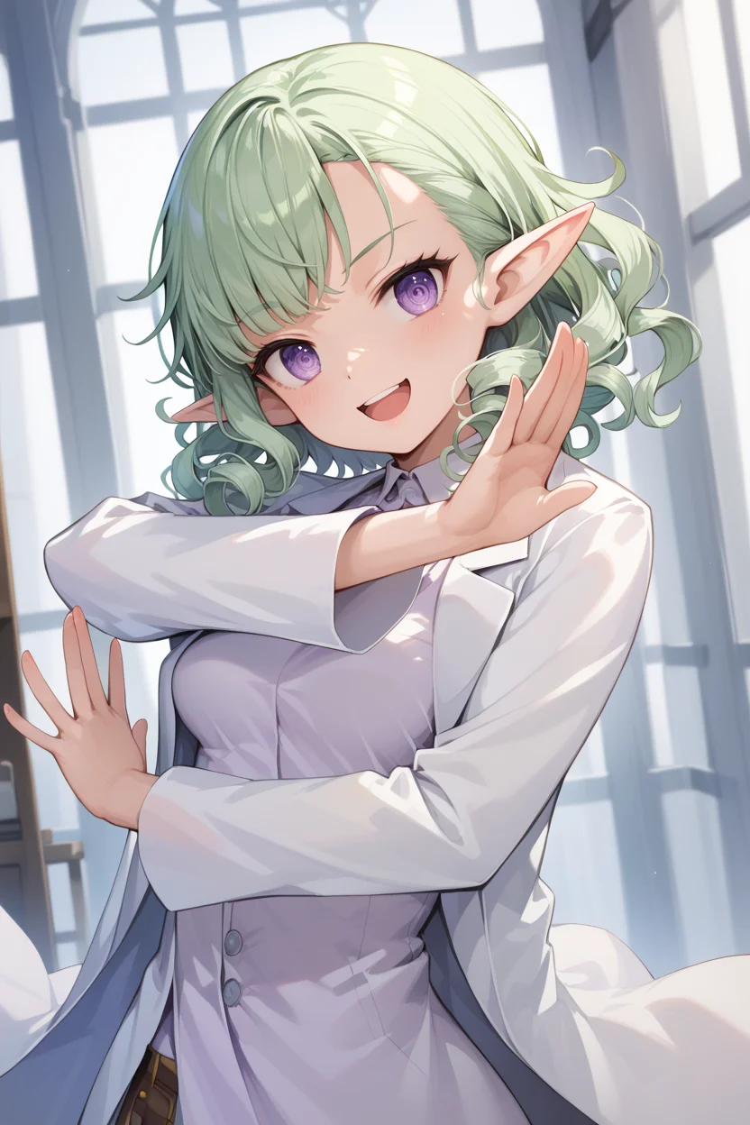 score_9, score_8_up, score_7_up, masterpiece, best quality, 1girl, solo,
cute face,clear skin,shiny hair,ultra detailed eyes, pale green hair, light purple eyes, wavy curls, straight bangs, shoulder length hair, cirle curls, asymmetrical bangs, breasts, medium breasts, pointy ears, elf,
labcoat, frowns, open mouth, broad smile,
<lora:Rintarou_Okabe_Pose_Pony:1> Rintarou_Okabe_Pose