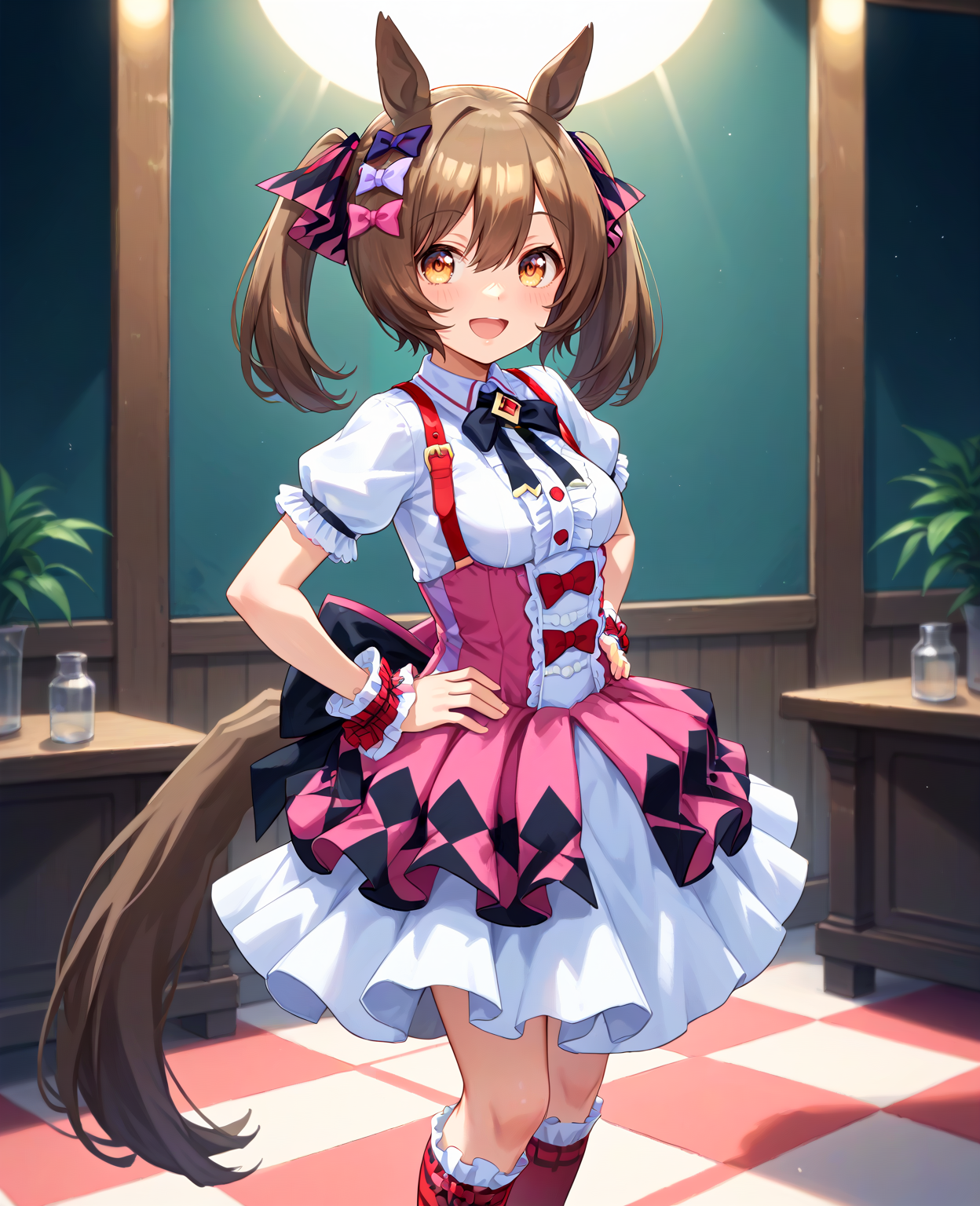 score_9, score_8_up, score_7_up, 1girl, (looking at viewer:1.2), (open mouth:1.0), smile, , patterned background,, (Standing with hands on hips, making a silly face:1.2),, (full body:1.2),
<lora:pony_smart_falcon_v1.01:0.9>, smart falcon \(umamusume\), horse ears, horse tail, medium breasts, twintails,
puffy short sleeves, white shirt, white layered skirt, pink corset skirt, red suspenders, plaid pattern hair ribbon, red kneehighs, bridal garter, wrist cuffs, black bowtie, low back multicolored ribbon, hairclip, red ribbon, center frills, ,
,