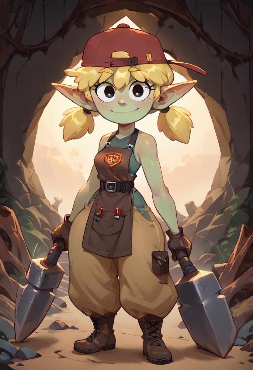 (score_9, score_8_up, score_7_up, score_6_up)
(masterpiece, best quality, very high quality, ultra detailed: 1.2)
(2D,show accurate)(Huffslove_Style:0.7)
(source_anime,not furry,source_furry)
(solo,alone)(25 yo,mature female)
(Perfect Hands,Perfect Eyes:1)
(indoors,cavern,blacksmith's forge,wood stove lit by fire,artifitial light) 
(looking at viewer,smile)((holding a war hammer))
(4 fingers,short stack,goblin,green skin,long pointy ears)
(Knight Armor:1)
(fantasy mechanic)
(undershirt,blacksmith apron,bare arms and shoulders,brown gloves,leather belt,baggy pants,worker boots) 
(Lana loud:1)(short hair, blonde hair,twintails, bangs, black eyes, cartoon eyes) 
(red headwear, backwards hat)
(muscular arms,small breasts,small waist,wide hips,thick thighs,huge butt,thick calves,short legs)