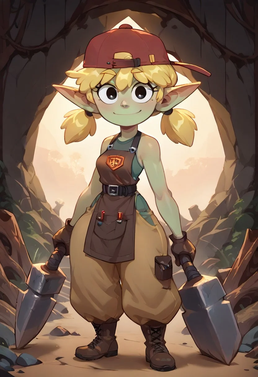 (score_9, score_8_up, score_7_up, score_6_up)
(masterpiece, best quality, very high quality, ultra detailed: 1.2)
(2D,show accurate)(Huffslove_Style:0.7)
(source_anime,not furry,source_furry)
(solo,alone)(25 yo,mature female)
(Perfect Hands,Perfect Eyes:1)
(indoors,cavern,blacksmith's forge,wood stove lit by fire,artifitial light)
(looking at viewer,smile)((holding a war hammer))
(4 fingers,short stack,goblin,green skin,long pointy ears)
(Knight Armor:1)
(fantasy mechanic)
(undershirt,blacksmith apron,bare arms and shoulders,brown gloves,leather belt,baggy pants,worker boots)
(Lana loud:1)(short hair, blonde hair,twintails, bangs, black eyes, cartoon eyes)
(red headwear, backwards hat)
(muscular arms,small breasts,small waist,wide hips,thick thighs,huge butt,thick calves,short legs)