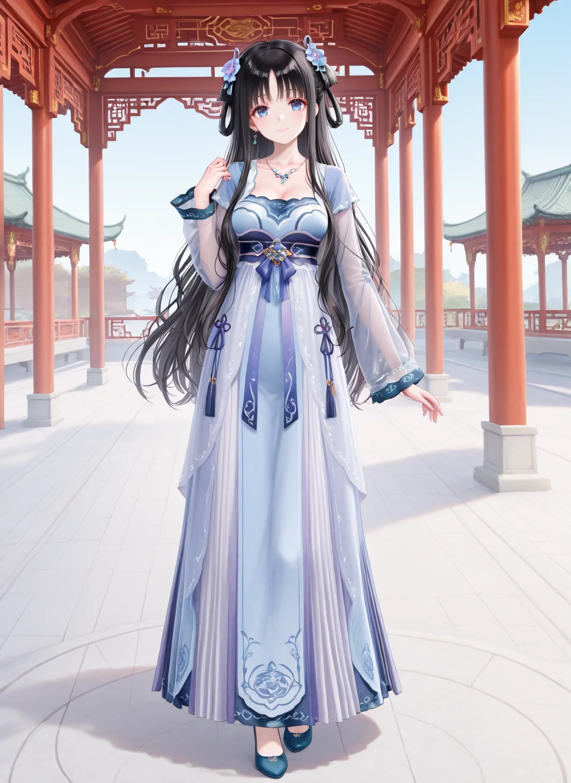 masterpiece,best quality,newest,absurdres,highres,soft shadows,year2024,mutou kurihito,(kimishima ao:0.7),(hiten \(hitenkei\):0.4),(sheya:0.4),
<lora:nazuna(ensemble)XLNAI:1> Nazuna(ensemble), blue eyes, black hair, very long hair, shiny hair,messy hair,1girl,solo,smile,looking at viewer,
<lora:qixiongruqunXLNAI:1> xinsuitong, qixiong ruqun, chinese clothes, flower, necklace, see-through sleeves,long sleeves,
chinese architecture, outdoors,pavilion, full body,