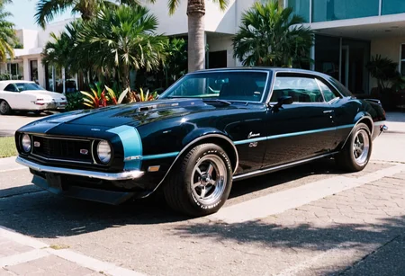 MiamiVice, VintageMuscleCar, Chevrolet Camaro, outdoors, stripes, front side view, sunny, highly detailed, 4K, (stylish grainy analog 35mm film photo)