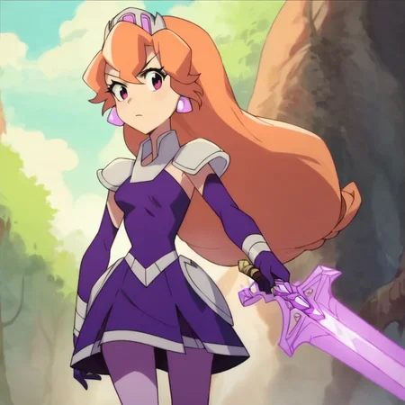 score_9, score_8_up, score_7_up, 1girl, PrincessAmy, orange hair, long hair, purple eyes, crown, earrings, small breasts, narrow waist, wide hips, looking at viewer, holding weapon, sword, highres, high quality, masterpiece, <lora:Princess_Amethyst:1>