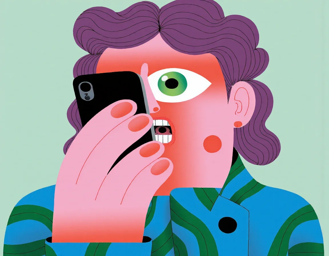 A surreal pop-art style digital portrait of a person with abstractly distorted facial features, holding a black smartphone close to their face. The figure has smooth, stylized skin in bright pink gradients, layered with disjointed, repeated fingers overlapping their mouth and cheek. One exaggerated eye stares outward with a green iris and oversized white sclera. The character has curly, purple-maroon hair with fine line texture and wears a blue coat with green and black striped patterns and large black buttons. The background is a soft gradient of teal to mint green. The expression is tense and anxious, showcasing themes of digital addiction, overstimulation, or anxiety. Clean vector-style outlines and vivid, saturated color palette.
<lora:FLUX1-Turbo-Alpha:1>
<lora:aidmaNSFWunlockV2:.7>  <lora:Shen_Flat Pop [FLUX]_epoch_23:.9> flatpop