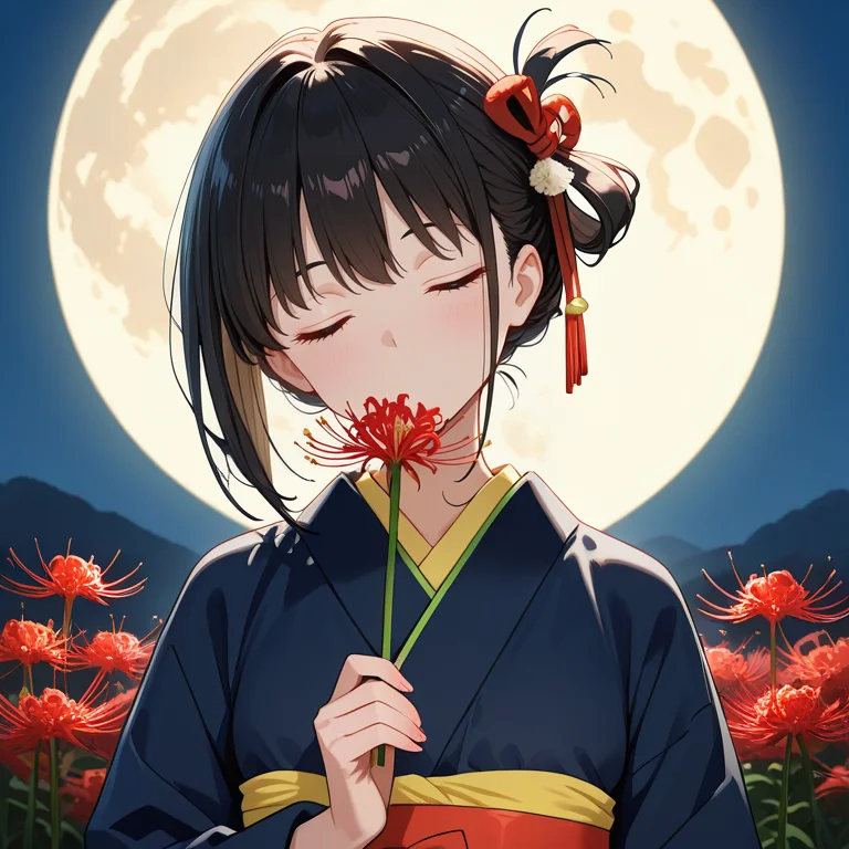 <lora:IL_lycoris_spider_lily:1>,lycoris/(flower/),1girl,solo,upper body,japanese clothes,holding flower,full moon,head tilt,shutting eyes,no mouth,disheveled hair,, masterpiece,amazing quality,best quality,ultra-detailed,8K,illustration,CG,shiny hair,clear skin,ultra-detailed-eyes,ultra-detailed-background,