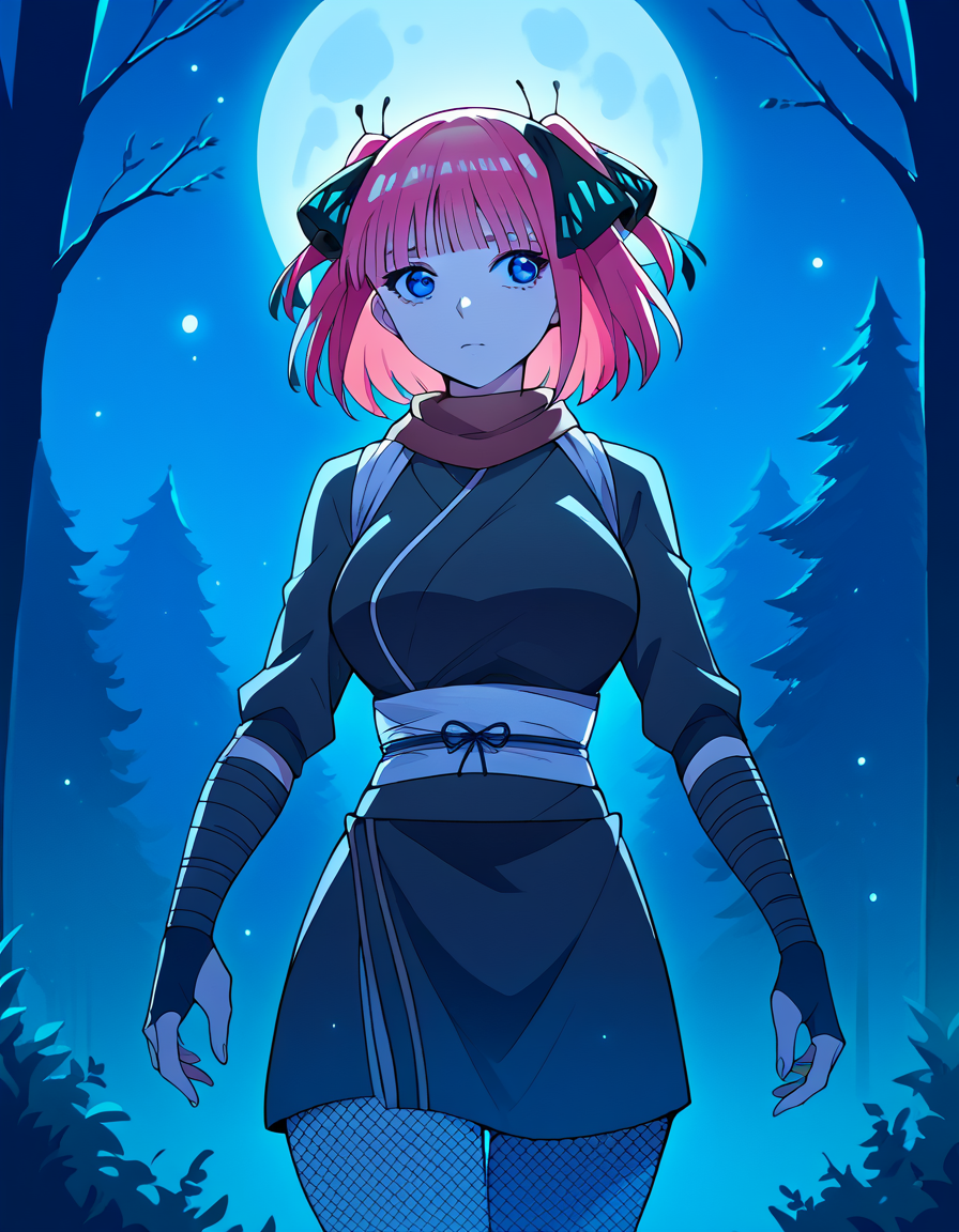 score_9, score_8_up, score_7_up, source_anime, <lora:nnakano-s2-ponyxl-lora-nochekaiser:1>, short hair, bangs, blue eyes, hair ornament, hair ribbon, pink hair, blunt bangs, two side up, butterfly hair ornament, large breasts,, <lora:ninja-ponyxl-lora-nochekaiser:1>, ninja, fishnets, scarf,, moon, night, forest, trees,, cowboy shot