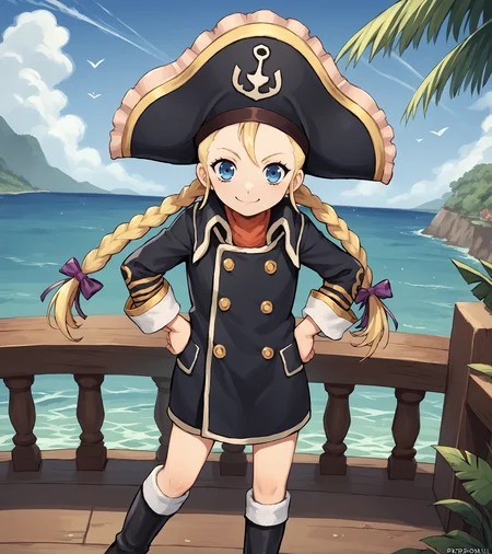 score_9, score_8_up, score_7_up, score_6_up, score_5_up, score_4_up, BREAK source_anime,
1girl, solo, <lora:PattyFleur:0.9>, Patty Fleur, blonde hair, twin braids, hair ribbon, blue eyes, flat chest, pirate hat, black coat, boots,
outdoors,tropical island, sky, ocean,
looking at viewer, looking at viewer, hands on hip, proud, confident, smile,
<lora:Afrobull:1>,