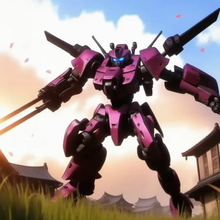 Ultra-realistic extremely detailed real life 8k masterpiece of a badass mech attacking a village, epic background, extremely detailed eyes mouth and facial features, breathtaking epic lighting, cinematic composition, sakura wars anime style <lora:sakura wars anime style:1>