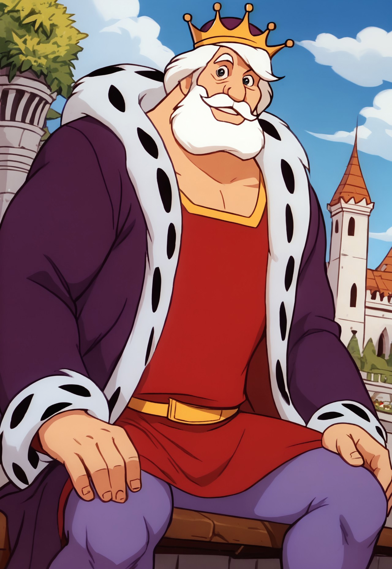 score_9, score_8_up, KingGregor, medium hair, white hair, black eyes, beard, mustache, mature male, muscular, fat, crown, dark-purple robe, fur trim, red tunic, gold belt, violet leggings, hand on thigh, looking at viewer, smile, dynamic pose, detailed background, dutch angle, upper body, cowboy shot, palace garden, flowers, blue sky, clouds, sitting on a bench, spread legs, below view,