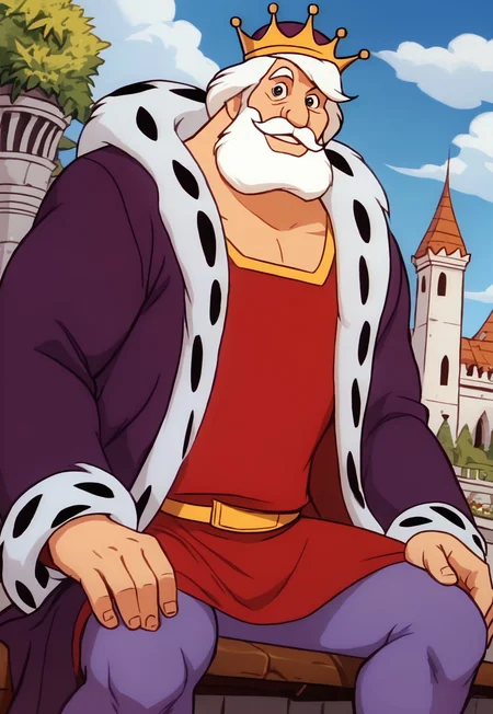 score_9, score_8_up, KingGregor, medium hair, white hair, black eyes, beard, mustache, mature male, muscular, fat, crown, dark-purple robe, fur trim, red tunic, gold belt, violet leggings, hand on thigh, looking at viewer, smile, dynamic pose, detailed background, dutch angle, upper body, cowboy shot, palace garden, flowers, blue sky, clouds, sitting on a bench, spread legs, below view,