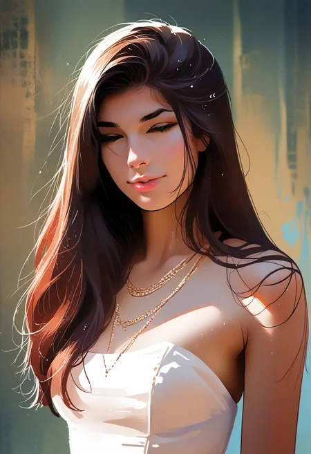 score_9, score_8_up, score_7_up, score_6_up, source_cartoon, 1girl, female, solo, femenine, petite, lean, pale skin,, soaking wet hair, smile, diaphonous white dress, bronze necklace, medium breasts, female focus, official style, close up, perfect anatomy, perfect face, standing,  abstract beauty, beautiful, centered, looking at the camera, approaching perfection, dynamic, moonlight, highly detailed, watercolor painting, artstation, concept art, smooth, sharp focus, illustration, portrait