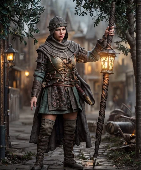 RAW photo, (masterpiece:1.3), subsurface scattering, heavy shadow, (high quality:1.4), (intricate, high detail:1.2), professional photography, HDR, High Dynamic Range, realistic, ultra realistic, photorealistic, high resolution, film photography, ambient lighting, atmospheric effects, <lora:detail_slider_v4:2>, OverallDetail, <lora:TownGuard:0.7>, TownGuard, Piper, <lora:Piper-10:1> as a guard holding a lantern and a spear, medieval, epiCPhoto