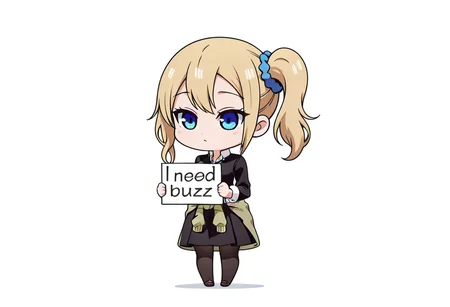 masterpiece, need_buzz, holding sign,chibi,chibi style, 
1girl, solo, white background, shirt, skirt, long sleeves, jewelry, pantyhose, full body, blue_eyes, blonde_hair, side_ponytail, medium_breasts, hair_scrunchie, blue_scrunchie, shuuchiin_academy_school_uniform, necklace, cardigan, clothes_around_waist, long_sleeves, black_dress, collared_shirt, side ponytail, blonde hair, hair scrunchie, blue scrunchie