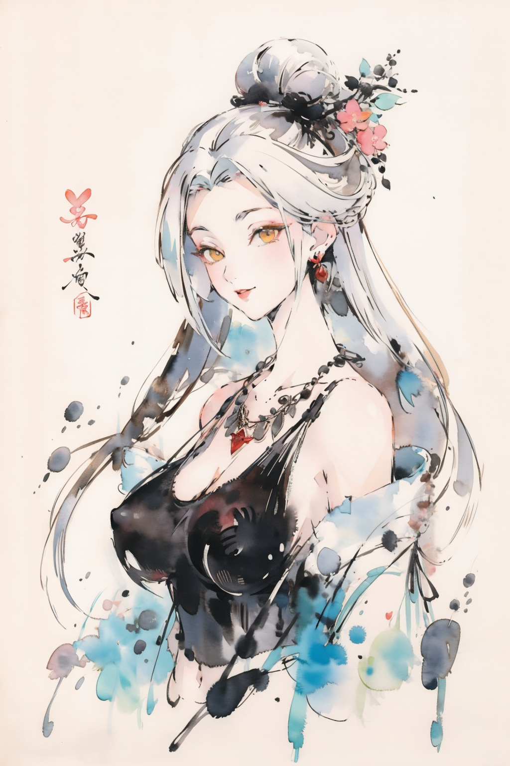 <lora:XiaobaiV2-SD15optimize:0.8>,
masterpiece,highest quality,exquisite details,amazing art,realistic details,pretty face,real skin,8K,RAW,movie lighting,soft light,shallow depth of field,bokeh,dreamy,
xiaobai,1girl,jewelry,solo,white hair,earrings,looking at viewer,long hair,hair ornament,upper body,necklace,parted lips,smile,
Paper texture,Ink splash,beautiful detailed eyes,Golden Eyes,covered nipples,
traditional_media,pastel_color,(topless:1.2),areola,nipples,black camisole,camisole pull,
<lora:give it a name:0.8>,<lora:Freehand_Brushwork:0.7>,huge breasts,<lora:æ°ä¸­å¼å·¥ç¬æ°´å¢¨newchinese-1122-1:0.7>,watercolor background,splash ink,xuan paper,inkblot,(paper texture:1.4),