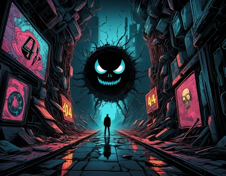 Neo - Expressionism, Neo-Noir, Grotesque, Toon Shading, Source Engine, Realist, Photo Retouching, Comic Book Style, , Distortion, Full Depth, 32K, Imagery,,404 Error Reality Not Found,( text "404":2.0),404 Error Reality Not Found, ERROR daemon summoned!, Who needs dead ends in an endless cyberspace?,