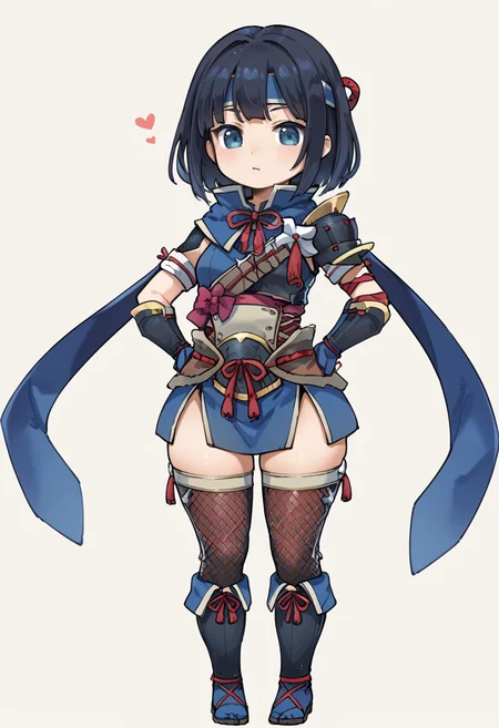 (score_9:0.9),score_8_up,score_7_up,rating_safe,realsitic,(zPDXL),<lora:kamura armor ponyXL v1:0.76>,1girl,blue headband,short hair,fishnet thighhighs,black hair,simple background,white background,solo,blue gauntlets,kamura armor,blue scarf,chibi,blue knee boots,black shoulder armor,bottom_heavy,thick thighs,hands on own hips,standing,