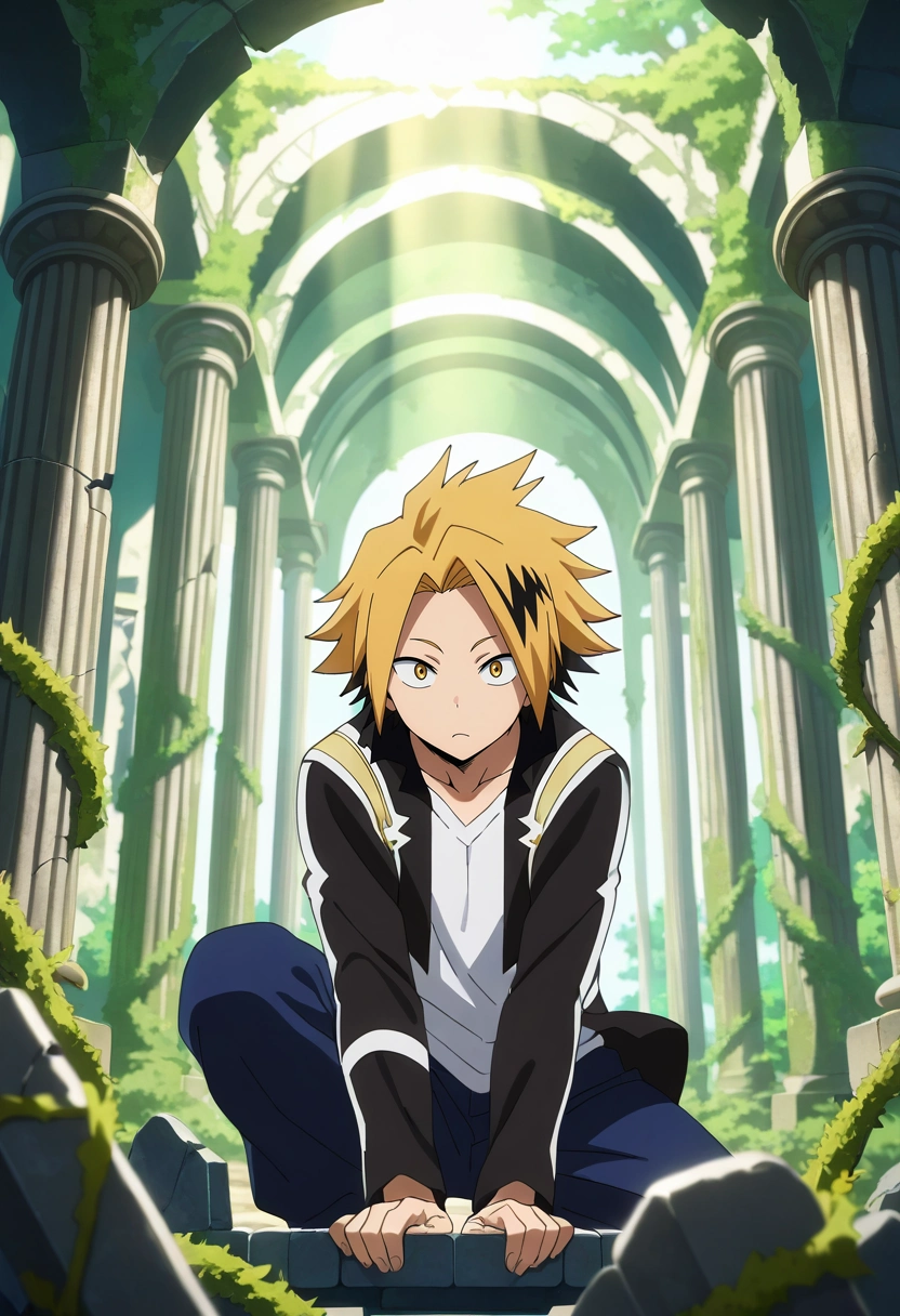 masterpiece, best quality, intricate details, anime screencap, anime coloring, , looking at viewer, depth of field, 1boy, solo, male focus, <lora:denki_kaminari_ilxl:0.94>, denki_kaminari, blonde hair, yellow eyes, short hair, spiked hair, multicolored hair, two-tone hair, black hair, streaked hair, ancient ruins, stone pillars, overgrown vines, broken statues, exploring pose, curious expression, morning light,