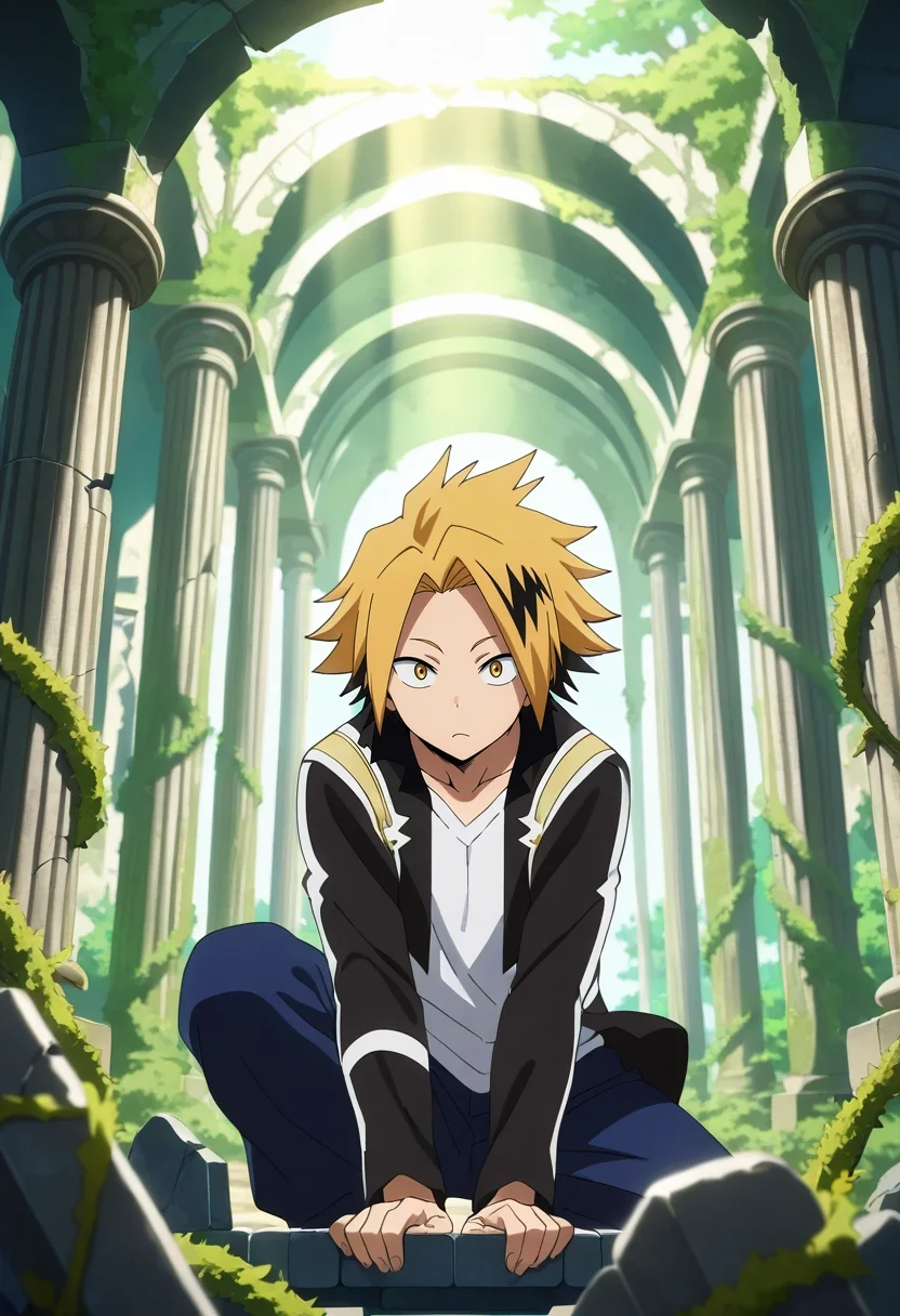 masterpiece, best quality, intricate details, anime screencap, anime coloring, , looking at viewer, depth of field, 1boy, solo, male focus, <lora:denki_kaminari_ilxl:0.94>, denki_kaminari, blonde hair, yellow eyes, short hair, spiked hair, multicolored hair, two-tone hair, black hair, streaked hair, ancient ruins, stone pillars, overgrown vines, broken statues, exploring pose, curious expression, morning light,