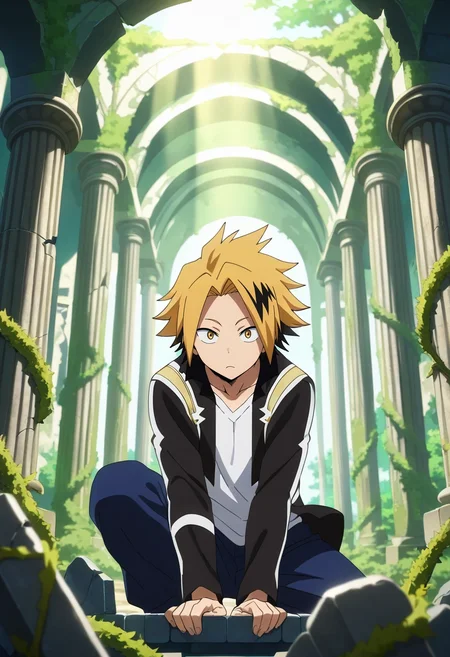 masterpiece, best quality, intricate details, anime screencap, anime coloring, , looking at viewer, depth of field, 1boy, solo, male focus, <lora:denki_kaminari_ilxl:0.94>, denki_kaminari, blonde hair, yellow eyes, short hair, spiked hair, multicolored hair, two-tone hair, black hair, streaked hair, ancient ruins, stone pillars, overgrown vines, broken statues, exploring pose, curious expression, morning light,