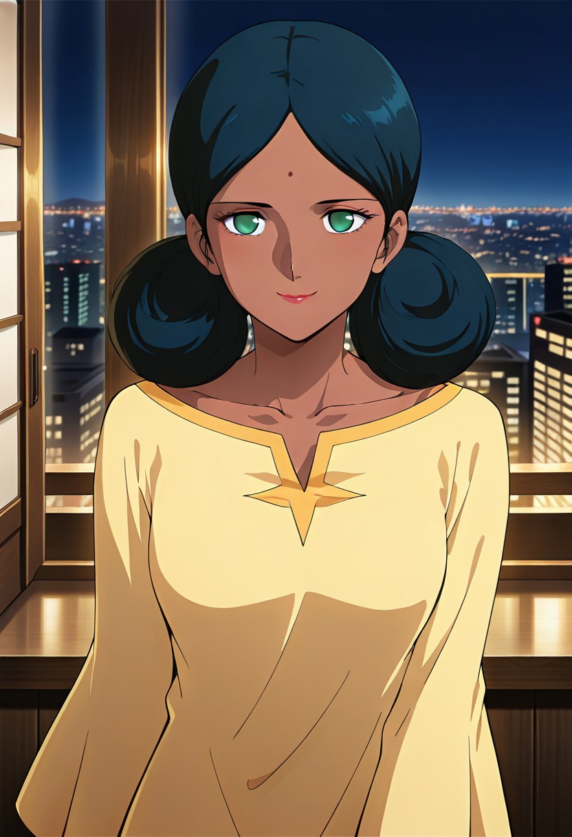 ((masterpiece, absurdres)), best quality, amazing quality, newest, 4k, anime coloring, very aesthetic, ray tracing, Smooth Quality, CG, source_anime,
city view,lalah, 1 female, dark skin, double bun hairstyle, blue hair, green eyes, red lips, forehead mark, yellow long dress,smile