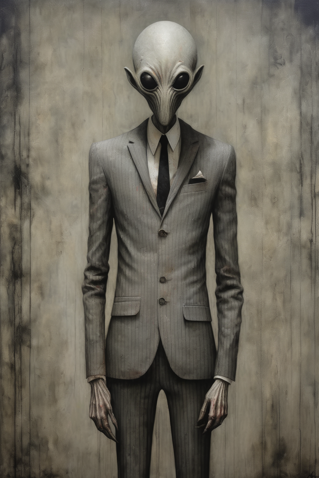 <lora:Santiago Caruso Style:1>Santiago Caruso Style - ominous alien standing imposingly in a finely tailored light grey pinstripe 3 piece suit, urban interior impasto painting