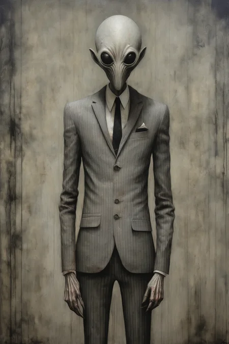 <lora:Santiago Caruso Style:1>Santiago Caruso Style - ominous alien standing imposingly in a finely tailored light grey pinstripe 3 piece suit, urban interior impasto painting