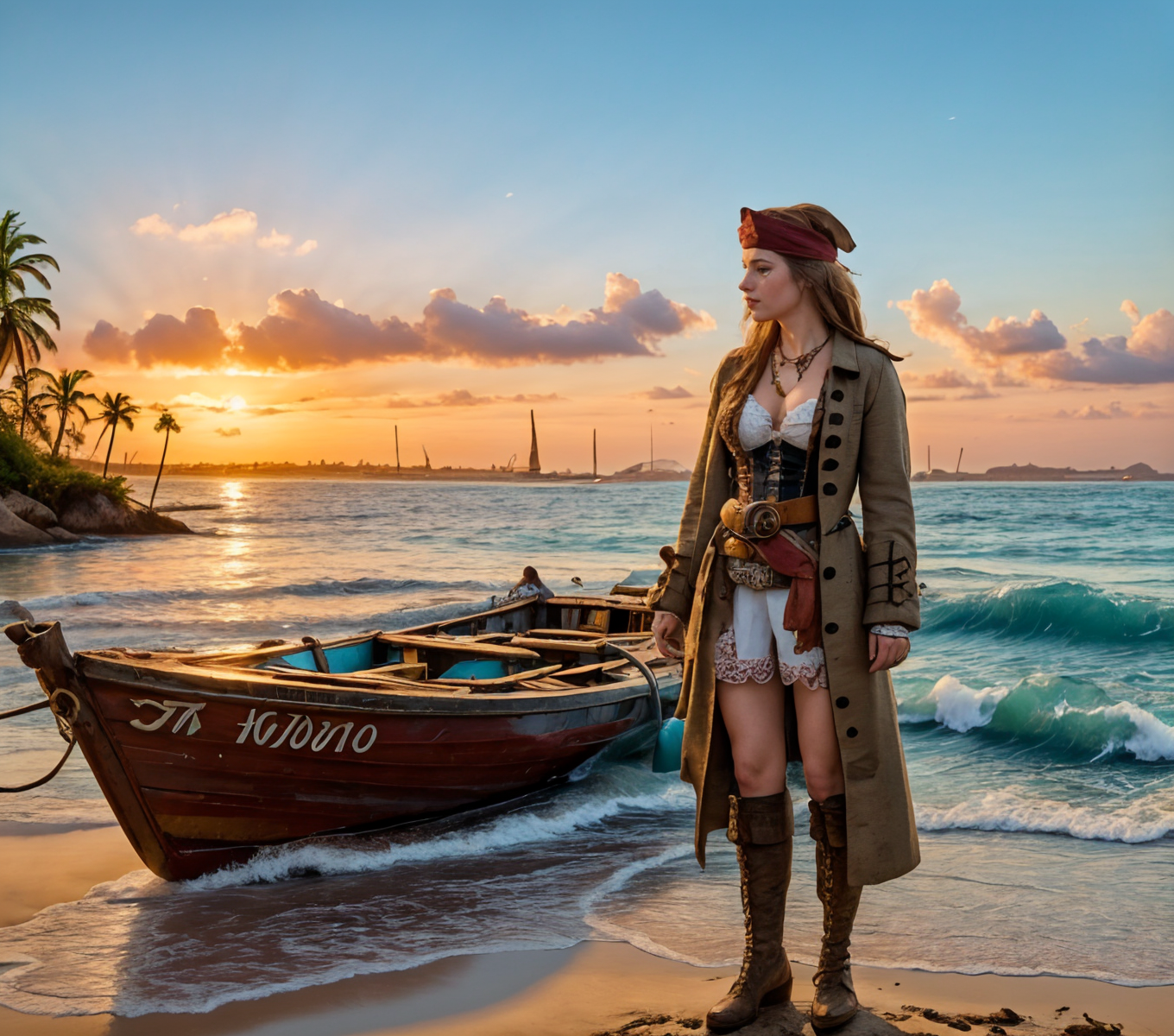 RAW photo, (masterpiece:1.3), subsurface scattering, heavy shadow, (high quality:1.4), (intricate, high detail:1.2), professional photography, HDR, High Dynamic Range, realistic, ultra realistic, photorealistic, high resolution, film photography, ambient lighting, atmospheric effects, <lora:detail_slider_v4:2>, OverallDetail, a female pirate, wearing coat, belt, corset, shirt, jewelry, bandana, <lora:PirateGarb:0.56>, <lora:Beach:0.8>, on the beach, blue sky, cloud, island, boat, ocean, outdoors, sky, sun,