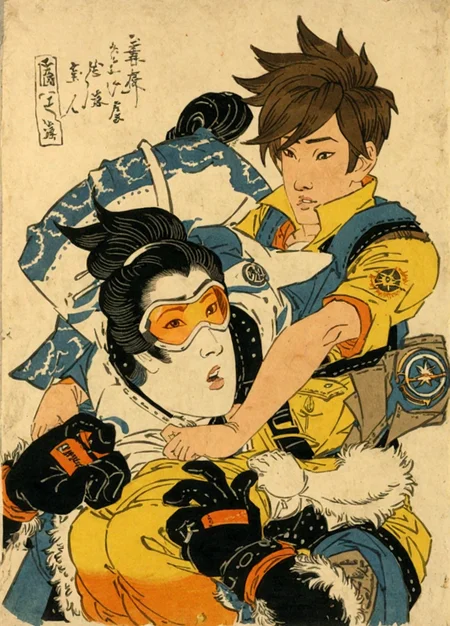 <lora:keisai-eisen_pony_v1:1> ' noname55,tracer,uncensored' by eisen keisai in, bijinga \(genre\), ukiyo-e \(style\),  mythological painting \(genre\)    <lora:Noname55_2.0:1>, score_9, score_6_up, score_7_up