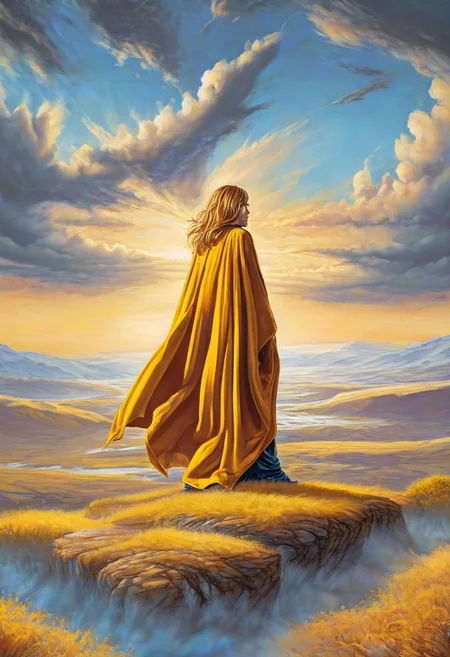 1woman, blonde hair, the grim reaper, facing away, rocky hill, standing, black robe blowing in the wind, clouds, sky, sunset, stars, cosmic, in meditation, ultra detailed landscape, bright yellow energy surrounding surrounding her, volumetric lighting, ultra detailed clothes, ultra detailed body, ultra detailed hair, looking at an ancient city made of blue crystals is in the distance, serenity, glowing,
by Natalia Rak and Barclay Shaw in the style of Jessica Rossier, <lora:EnvyAnimeWatercolorXL02:0.60> , Elmore_Style_LX <lora:Elmore_Style_LX-000011:0.60>