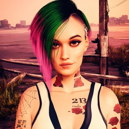 1girl,<lora:JudyAlvarez_3D_illustrious:0.7>,judy_cyberpunk,tattoo,piercing,short hair,brown eyes,multicolored hair,looking at viewer,<lora:Cyberpunk2077Style_illustrious:1>,cyberpunk2077style,realistic,masterpiece,newest,