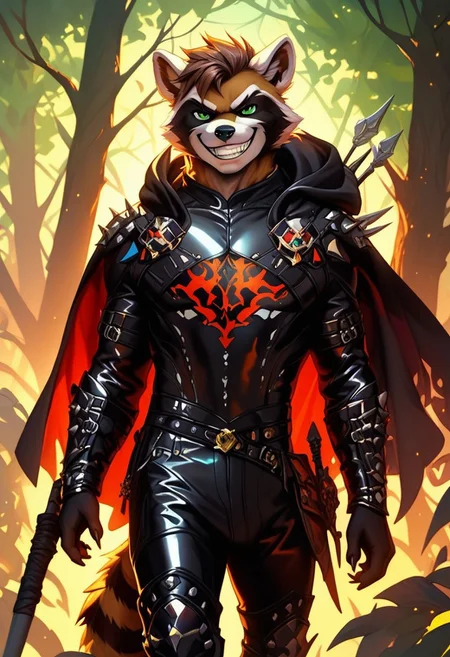 score_9, score_8_up, score_7_up,score_9, score_8_up, score_7_up, ((cowboy shot)), forest, standing, BREAK, ((High fantasy art style)), solo, male, anthro raccoon, black hooded cloak, (black leather breastplate), black leather greaves, black leather pauldrons, black leather boots, brown hair, ((detailed green eyes)), ((Masterpiece), (absurdres), (shadowy), (mysterious), ((evil grin)), ((sadistic smile))