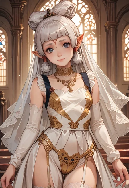 score_9, score_8_up, score_7_up, score_6_up, score_5_up, score_4_up, source_anime, 4K, (8K), best quality, (beautiful), (dynamic lighting), (super detailed skin), sharp focus, (1_girl, solo focus), masterpiece ,absurdres ,detailed face ,beautiful face , paya, elf ears, pointy ears, , high ponytail, 
blush,bride, wedding dress, bridal veil, white dress, tiara, pearl necklace, indoors, church, sunlight, light rays, (light particles), elbow gloves, white gloves, garter straps, white thighhighs, gothic architecture, pillar, arch, smile, closed mouth, blush, sweatdrop, wedding ring, wedding,
 Real light and shadow, anime face, 4k, 8k, wallpaper,epic, detail texture colored inner hair,ear breathing)))),((blue_eyes:1.3))),intricate eyes,beautiful detailed eyes,symmetrical eyes,big eyes:1.5,(((lustrous skin:1.5,bright skin: 1.5,skin ,shiny skin,very shiny skin,shiny body,plastic glitter skin,exaggerated shiny skin,illuminated skin))),(detailed body,(detailed face)),(((intricate outfit,intricate clothes,embroidered outfit,ornate outfit,embroidered clothes,ornate clothes))), (dynamic pose:1.0) (centered,scale to fit dimensions,Rule of thirds), (ultra detailed,extremely detailed),(photorealistic artwork:1.37),(extremely detailed CG unity 8k wallpaper),(((vibrant colors,vibrant theme))),(intricate),, embedding:OverallDetail, embedding:civit_nsfw, 1girl, perfectly flat chest, tiny perky tits