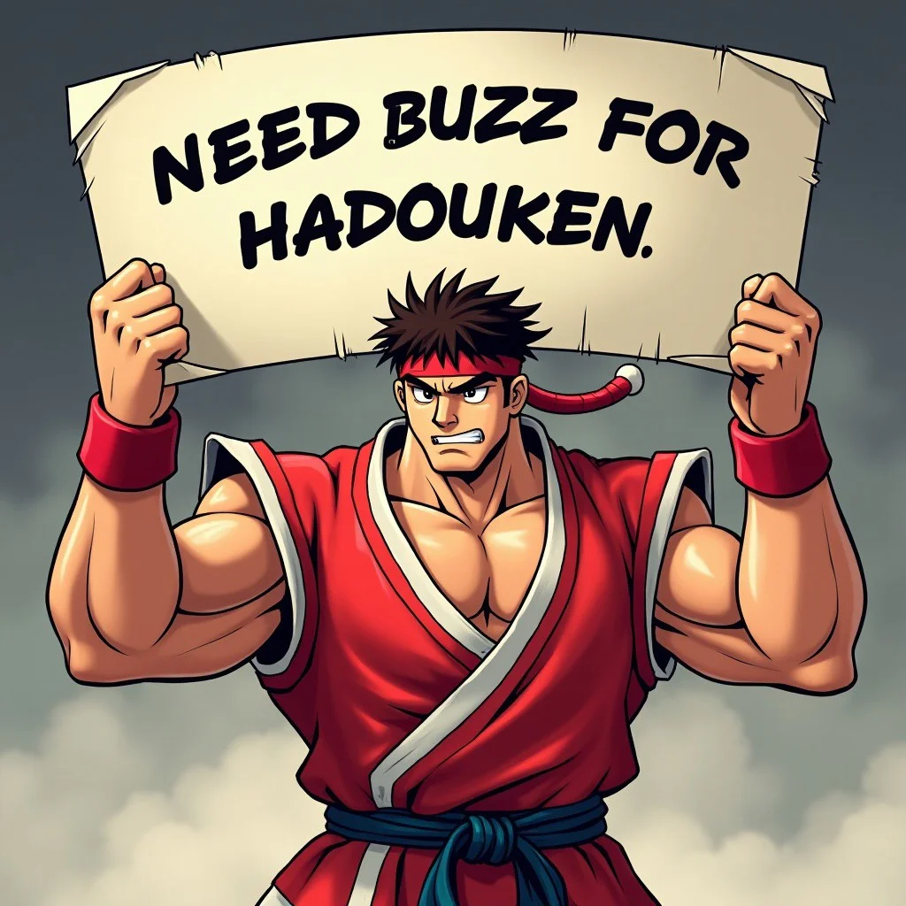 ryu from street fighter holding a sign says on that "need buzz for hadouken",anime style