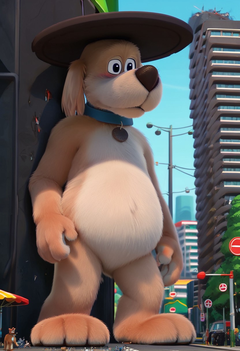 score_9, score_8_up, score_7_up, score_6_up, solo focus, 1male, larger body, (Manhole Dog, Go Dog Go), blue collar, (beige fur, beige belly)), manhole shaped tag, manhole cover on his head, tail, ((anthro, anthro dog, dog body)), (black eyes), Perfect paws, 1male, (source_furry), full body, solo, anthro, detailed fur, slightly chubby, detailed eyes, massive butt, low angle view, ((macro)), ((giantess)), outdoors, ((sunshine)), ((sunny day)), ((bright light)), in the city, (shrunken city :1.3), (shrunken cityscape:1.2), micro cityscape, full detailed city, destruction, mass destruction, full body, perfect face, focus on furry, shy face, blushing, (sexy perfect face), looking at viewer, sexy, highly detailed, Expressiveh, perfect eyes, barefeet, big feet, landscape, masturbation, orgasm face, blue sky, daytime,