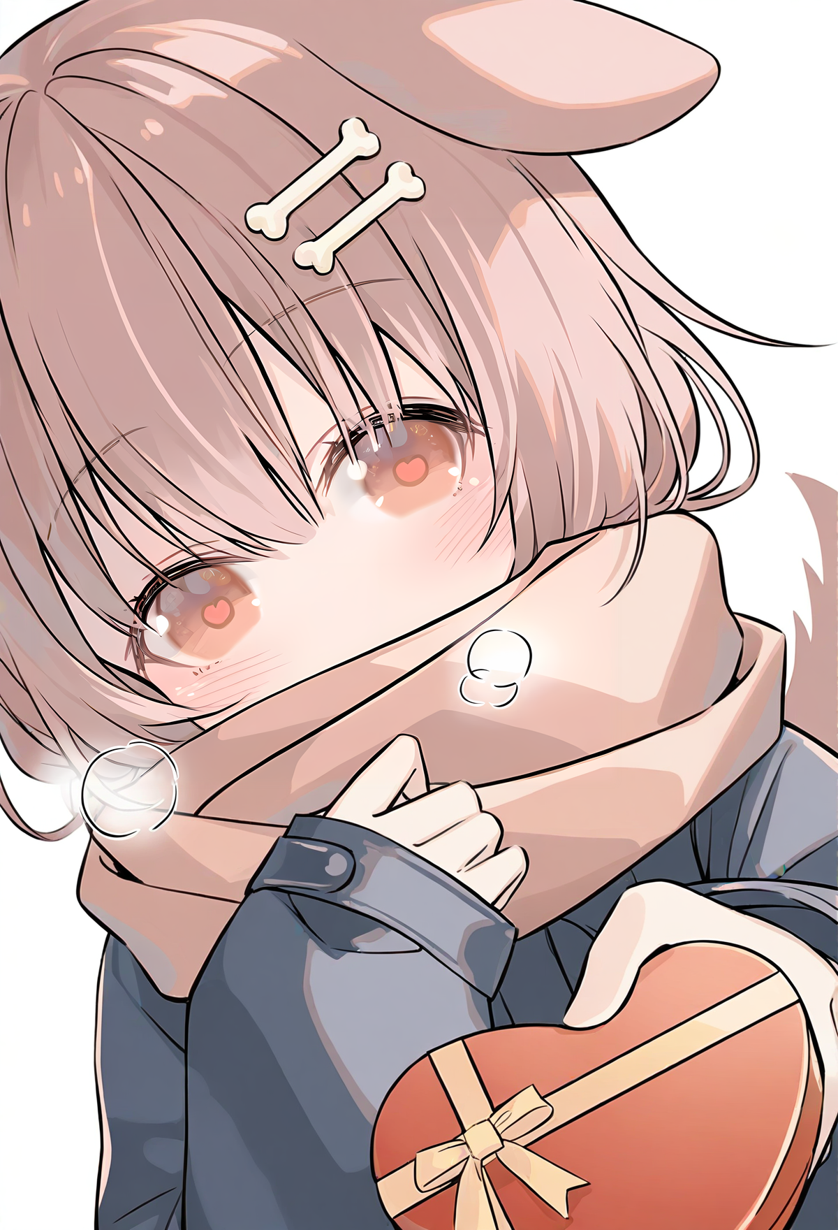 yunquehuafeng, <lora:yunquehuafeng:1>
1girl, virtual youtuber, tail, animal ears, scarf, inugami korone, dog ears, solo, hair ornament, brown hair, dog tail, bone hair ornament, looking at viewer, blush, box, white background, incoming gift, dog girl, brown eyes, holding, simple background, valentine, gift, bangs, heart-shaped box, enpera, jacket, hair between eyes, long sleeves, brown scarf, upper body, short hair, breath, black jacket, holding gift
