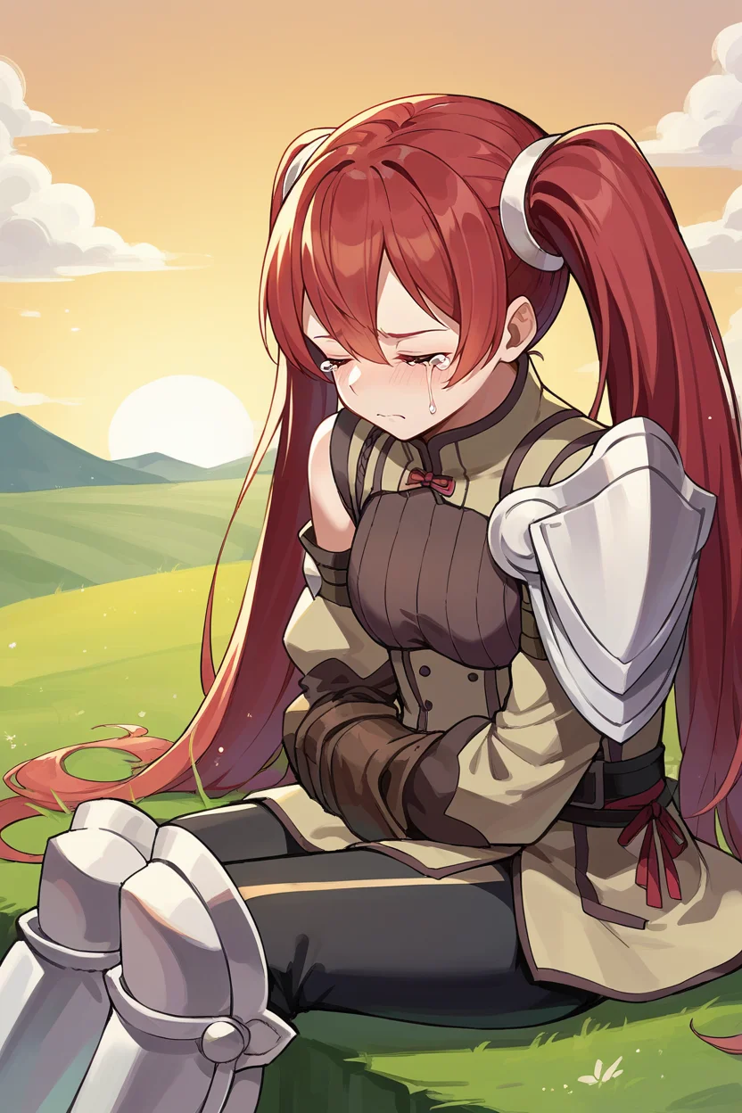 score_9, score_8_up, score_7_up, score_6_up, source_anime BREAK 1girl <lora:fesevera-pdxl-nvwls-v1-000005:1> defSevera, red hair, red eyes, twintails, shoulder armor, brown dress, short dress, brown sleeves, detached sleeves, belt, black leggings, armored boots, tears in eyes, sad, crying, sitting, closed eyes, field, sunset, rock formations