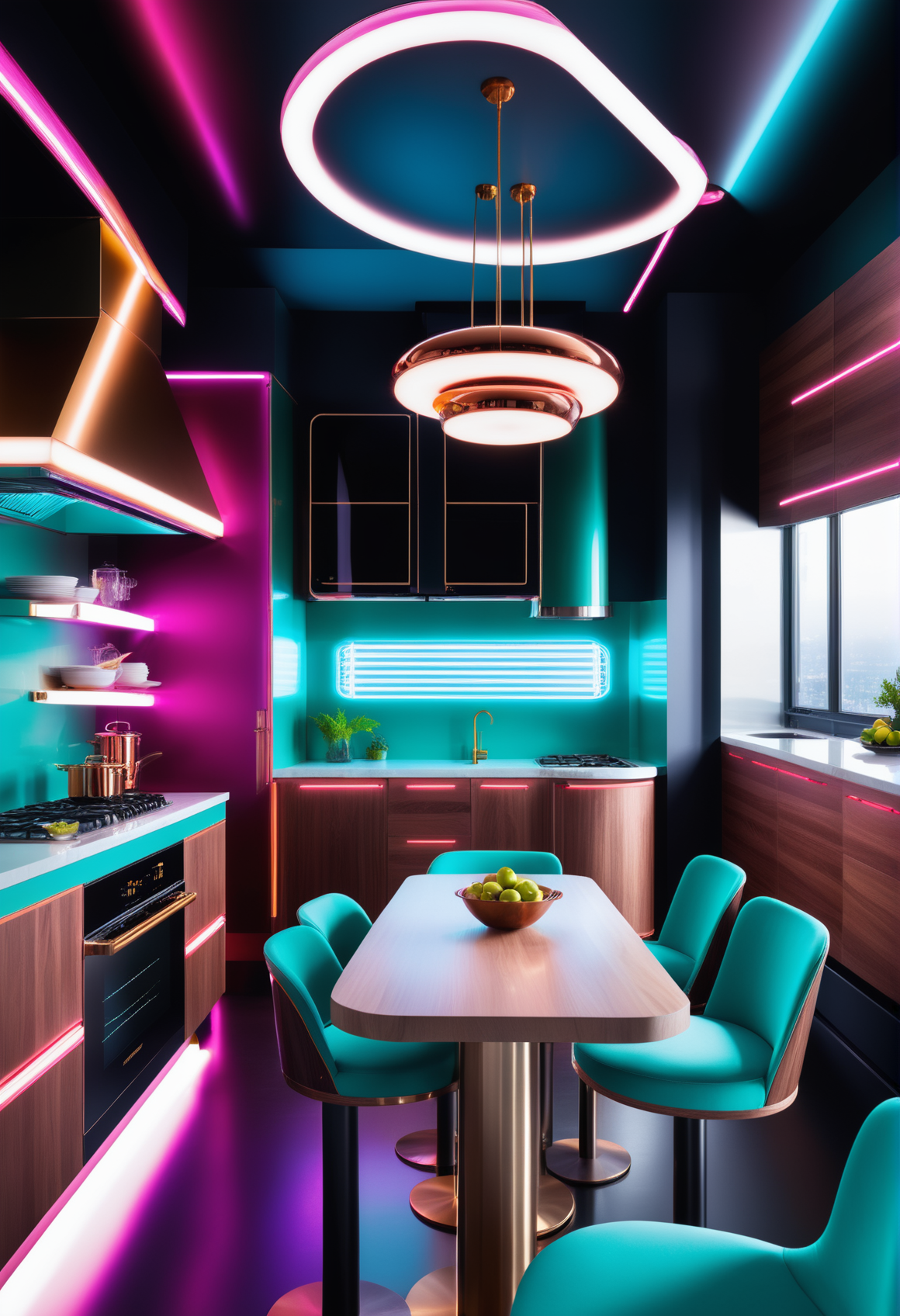 masterpiece, high quality,, a reij kitchen, neon color and ambient neon light, spruce wood details, chairs and table <lora:reij-neonelegance:0.7>