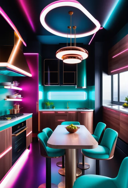 masterpiece, high quality,, a reij kitchen, neon color and ambient neon light, spruce wood details, chairs and table <lora:reij-neonelegance:0.7>