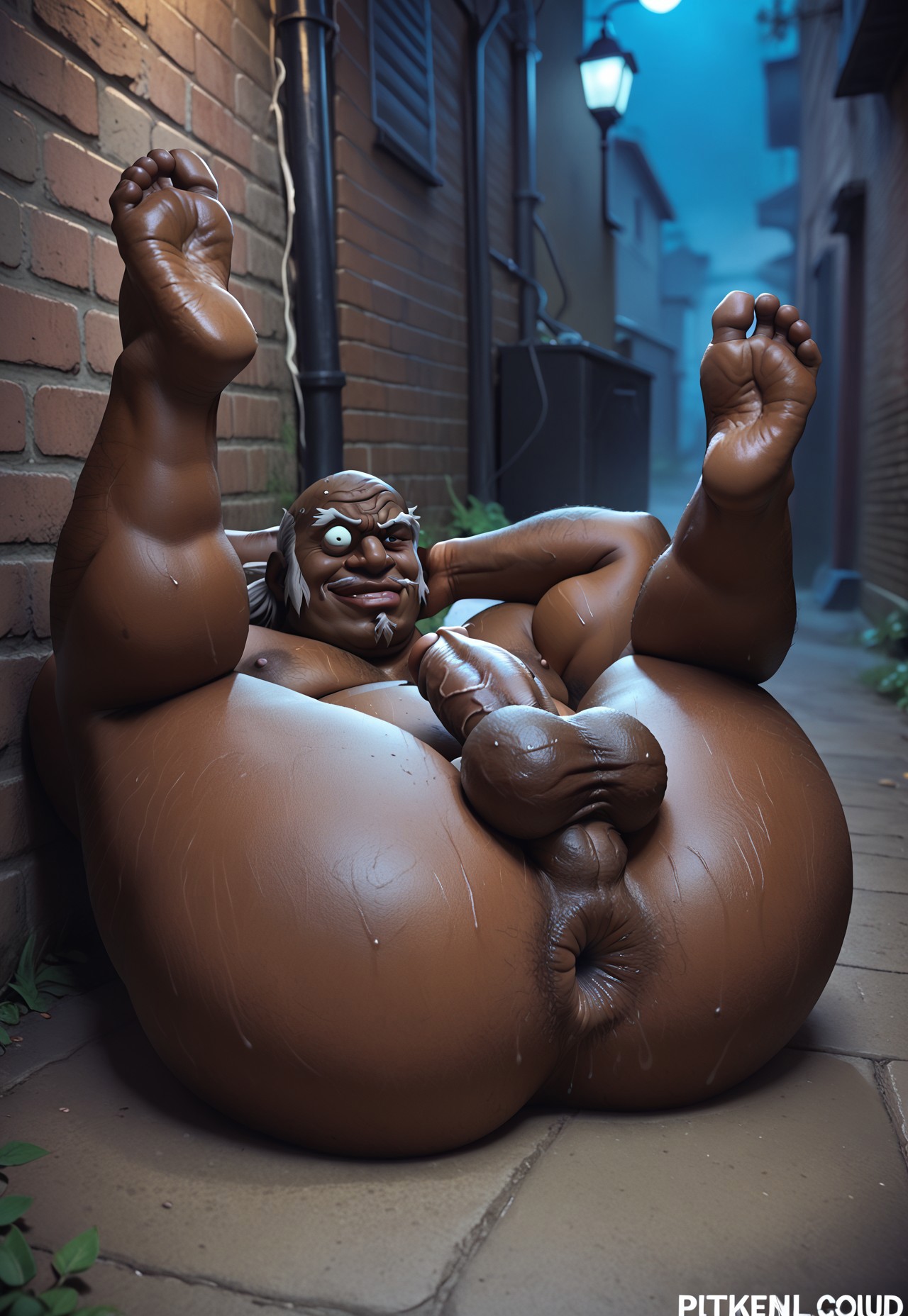 safe_pos, score_9_up, score_8_up, score_7_up, solo, 1boy, uncle_ruckus, fat, nude, obese, smirk, laying on back, thick things, penis, huge balls, night alley, legs up, foot, showing ass, big anus, musk clouds, sweat,