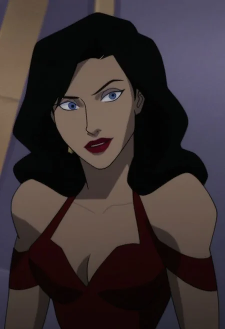 LoisLane, dark hair, blue eyes, red lipstick, gold earings, posing seductively in a red dress, cleavage, top view, 8k, absurdres