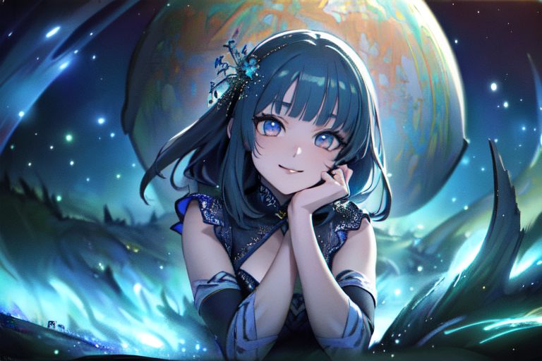 (masterpiece:1.4), 4K8K, (anime style), (high shutterspeed:1.4), (sharp edges), 
SyFyEye1, FanFo, 
1woman  hands togather,  leaning foward, face focus, smile, closed mouth, 
wearing Celtic style dress, (Detailed face, Detailed eyes, Detailed lips), (solo), 
Fantastic Forest at fantasy night, Fantastic Planets
