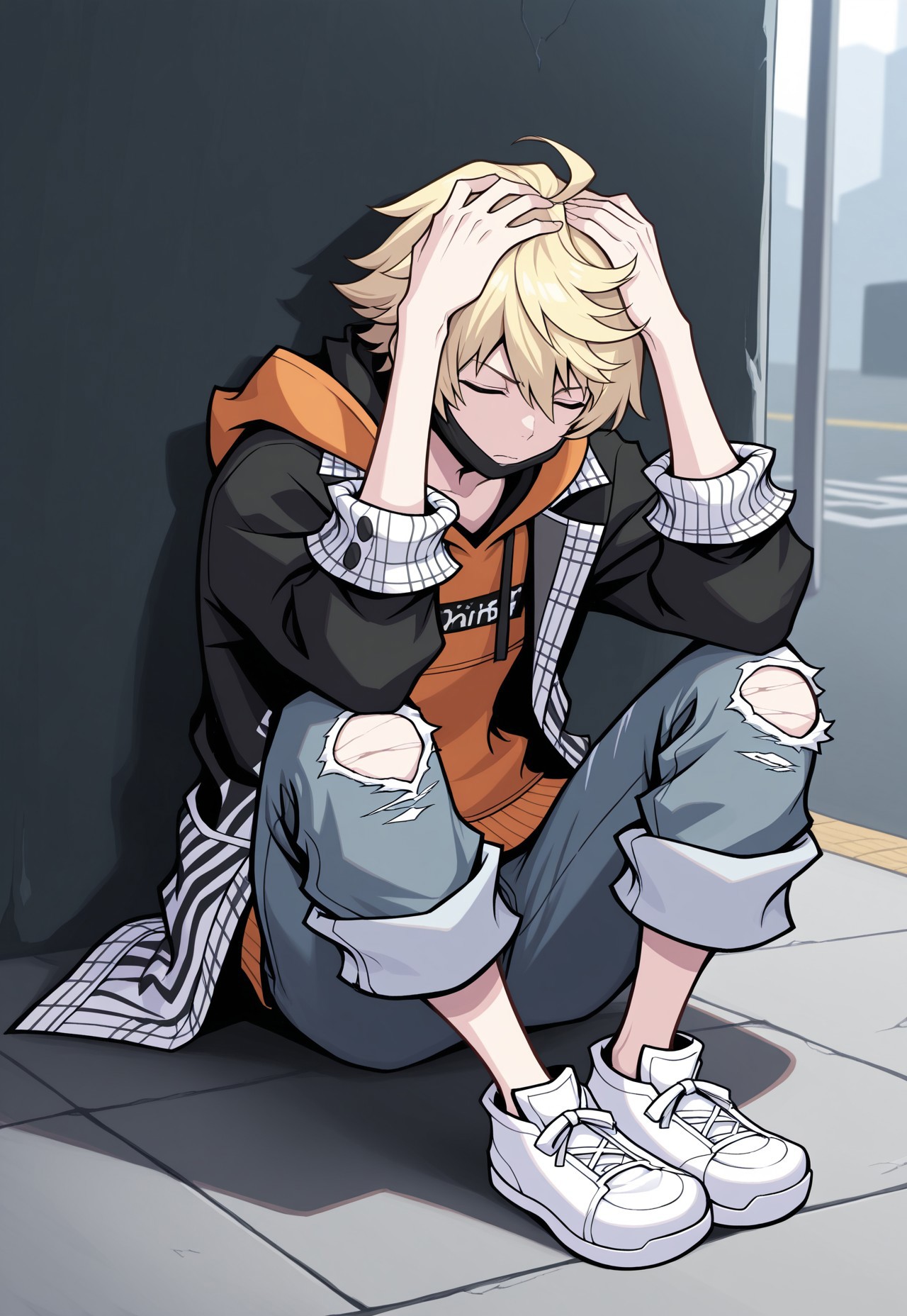 masterpiece,best quality,amazing quality, source_anime,

rindokanade, 1boy, male focus, hands on own head, closed eyes, solo, sitting, blonde hair,  full body, mouth mask, mask pull,, hoodie, orange hoodie, coat, black and white coat, open coat, jeans, torn jeans, pants rolled up, shoes, sneakers, white footwear, hood

outdoor,
